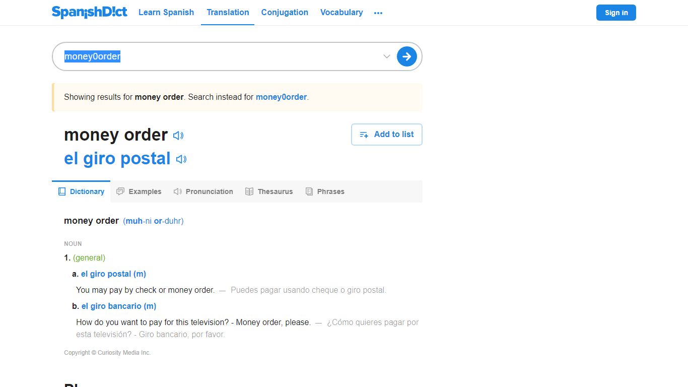 Money order in Spanish | English to Spanish Translation - SpanishDict
