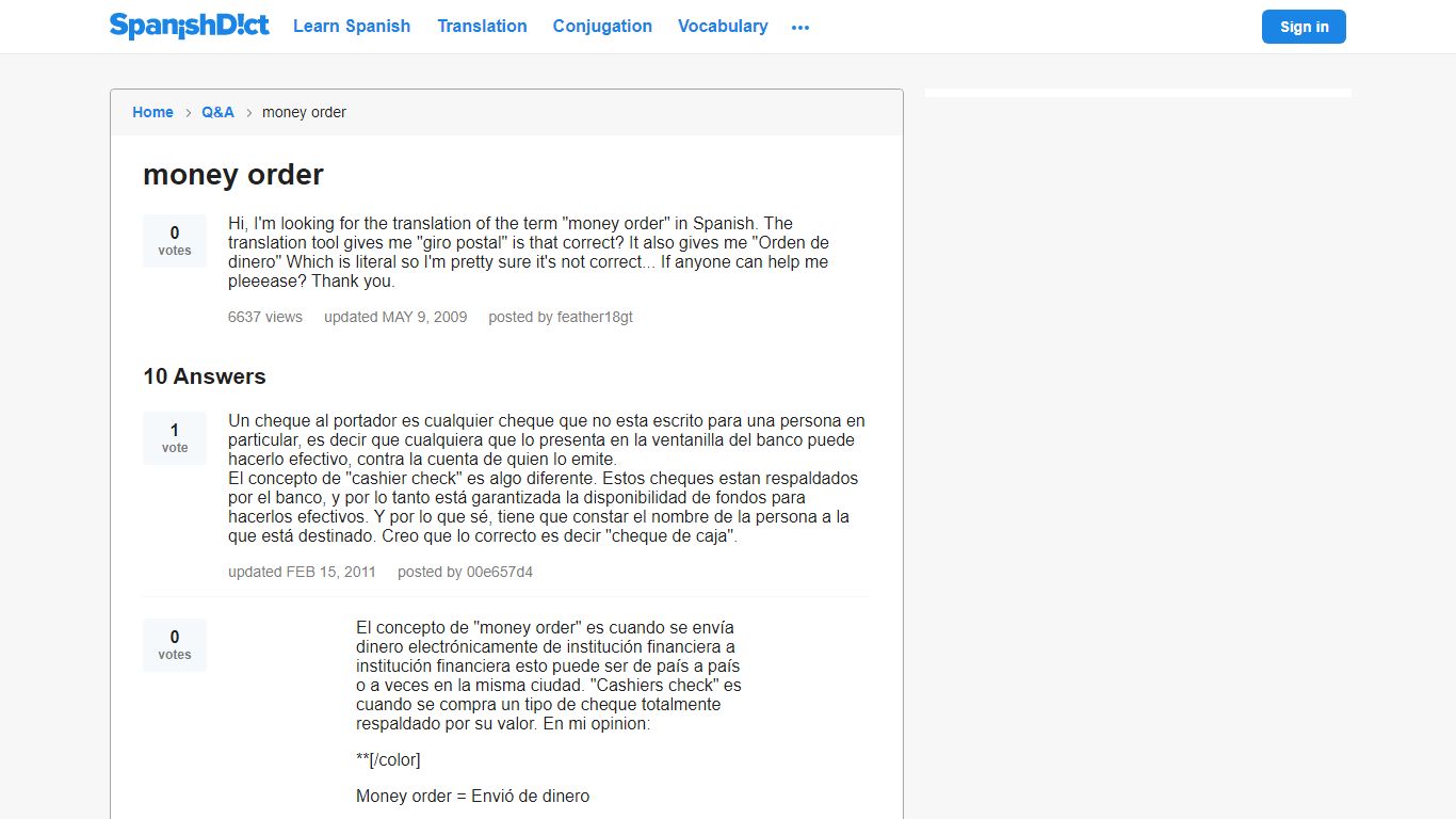 money order | SpanishDict Answers